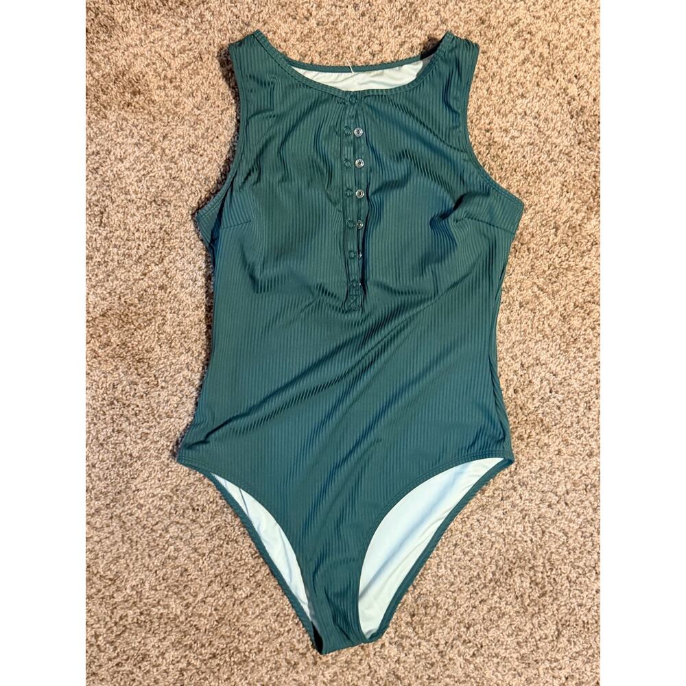 3 for $9 Green Clip Button Front Swimsuit One Piece Womens EUC M
